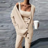 2022 women three pices set autumn winter knitted solid cardigan tops tank top and casual loose long pants female suit tracksuit