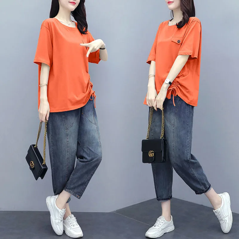 Женский Повседневный комплект из двух предметов белая черная свободная футболка