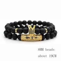 5a 2pcsset natural stone 4 style bead man bracelets popular pave cz small crown and ball bracelet classic matte black jewelry