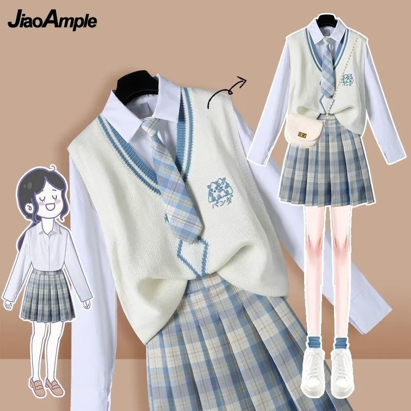 

Японская Студенческая форма JK в стиле преппи, Женский вязаный жилет на весну и осень, белая рубашка с галстуком, плиссированная клетчатая юб...