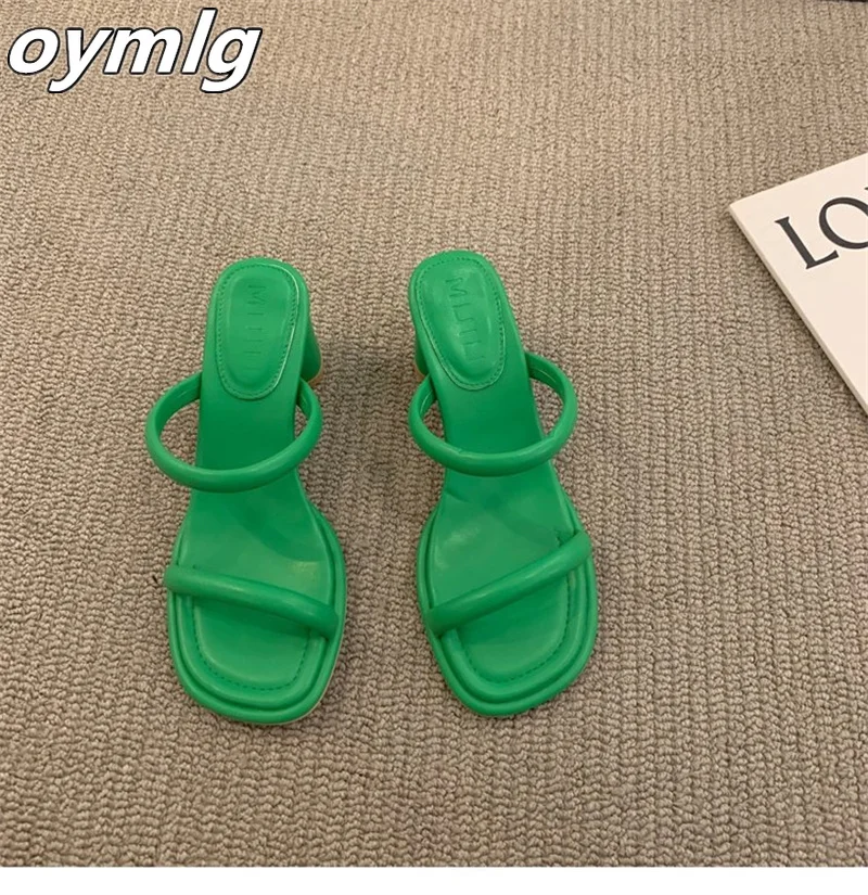 2022women's summer one word with square heels high heels lazy people square toe open-toe outside wearing beach half drag sandals