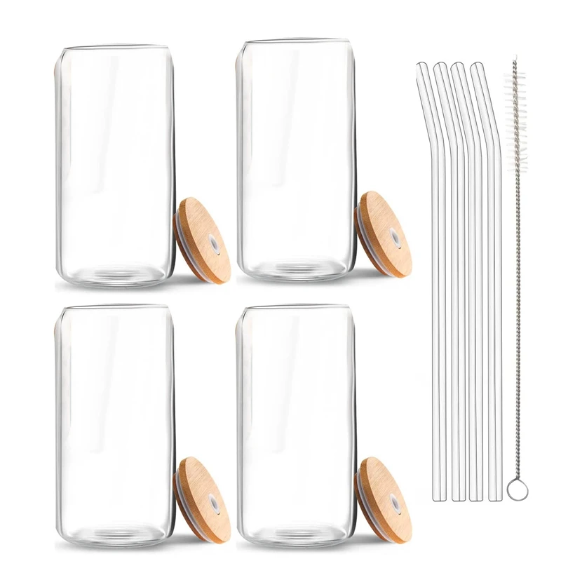 

Beer Can Glass With Bamboo Lids And Glass Straws,4 Pack 16Oz Drinking Glasses With Lids And Straws,Can Shaped Glass Cups