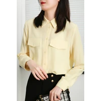 yellow 2022 new natural silk high quality women shirts blouses turn down collar office lady solid single breasted dress shirts