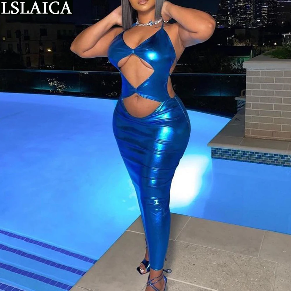 

Sexy Dresses for Women Party Club Night Sleevless Blue Hollow Out Backless Bodycon Maxi Dress Halter V-neck Gilding Summer 2022
