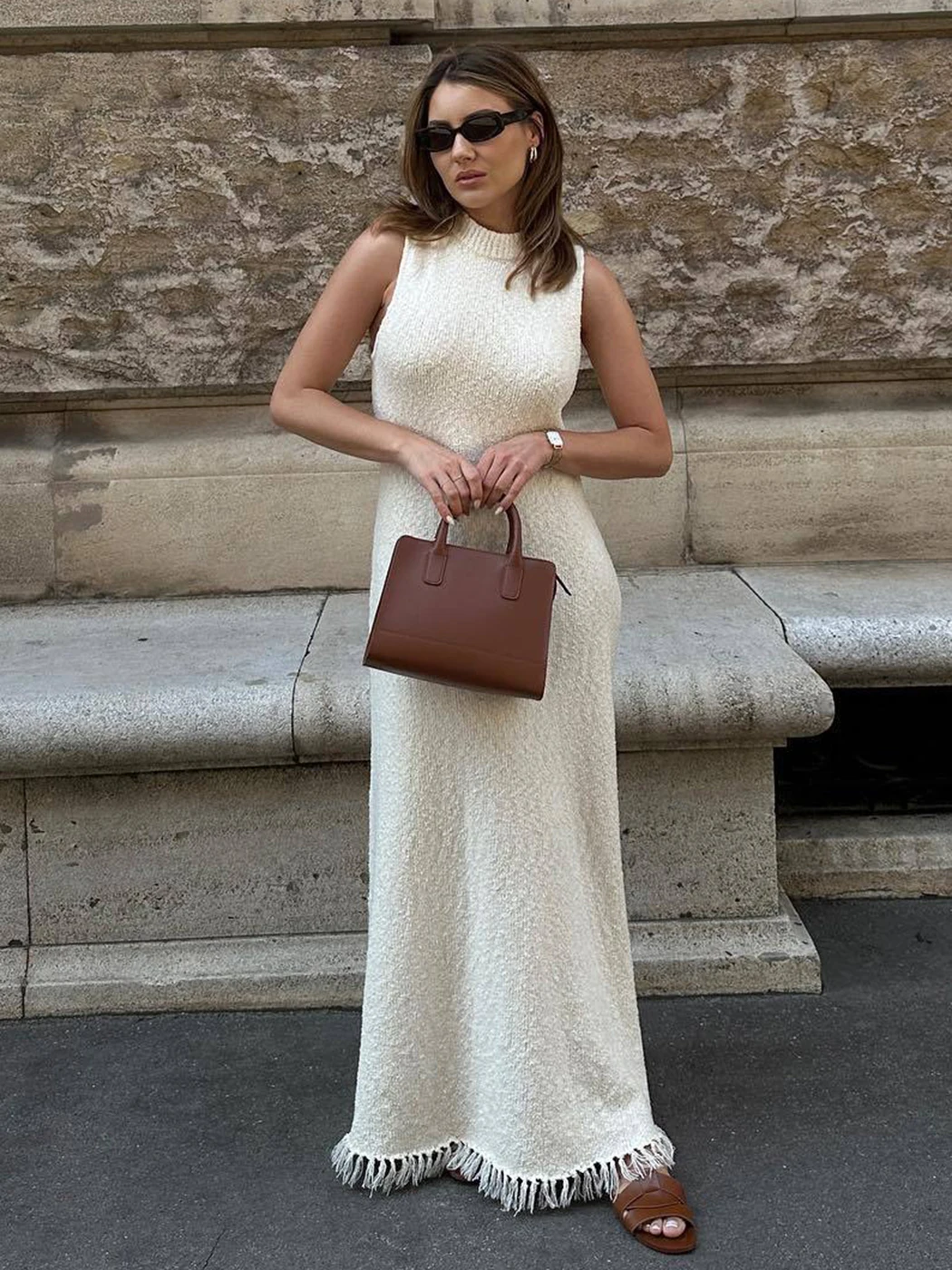 

Tassel Hem Sleeveless Long Dress For Women Cotton Casual Solid Round Necck Knitted Straps Drsses 2023 New All-match Vestidos