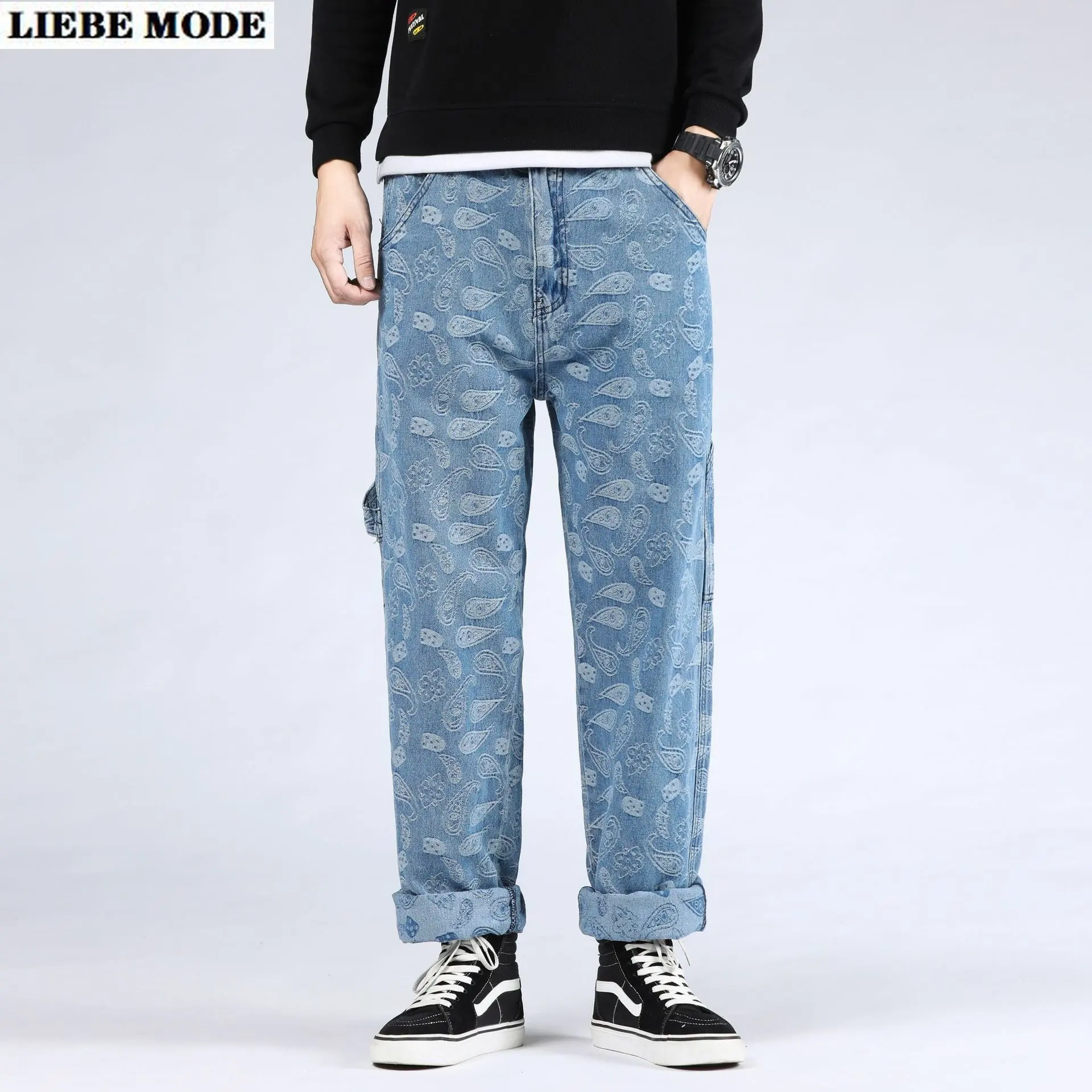 Baggy Jacquard Jeans Trousers Male Wide Leg Denim Pants Harajuku Print Men's Loose Casual Streetwear Hip Hop Trousers Plus Size