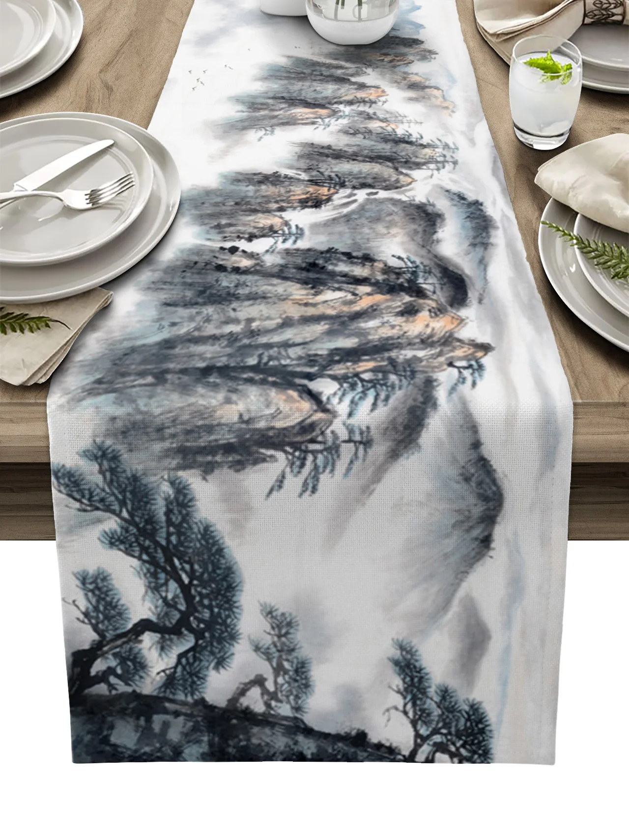 

Настольная дорожка в китайском стиле с рисунком пейзажа и чернилами, современная настольная дорожка для свадебной вечеринки, украшение для рождественского стола