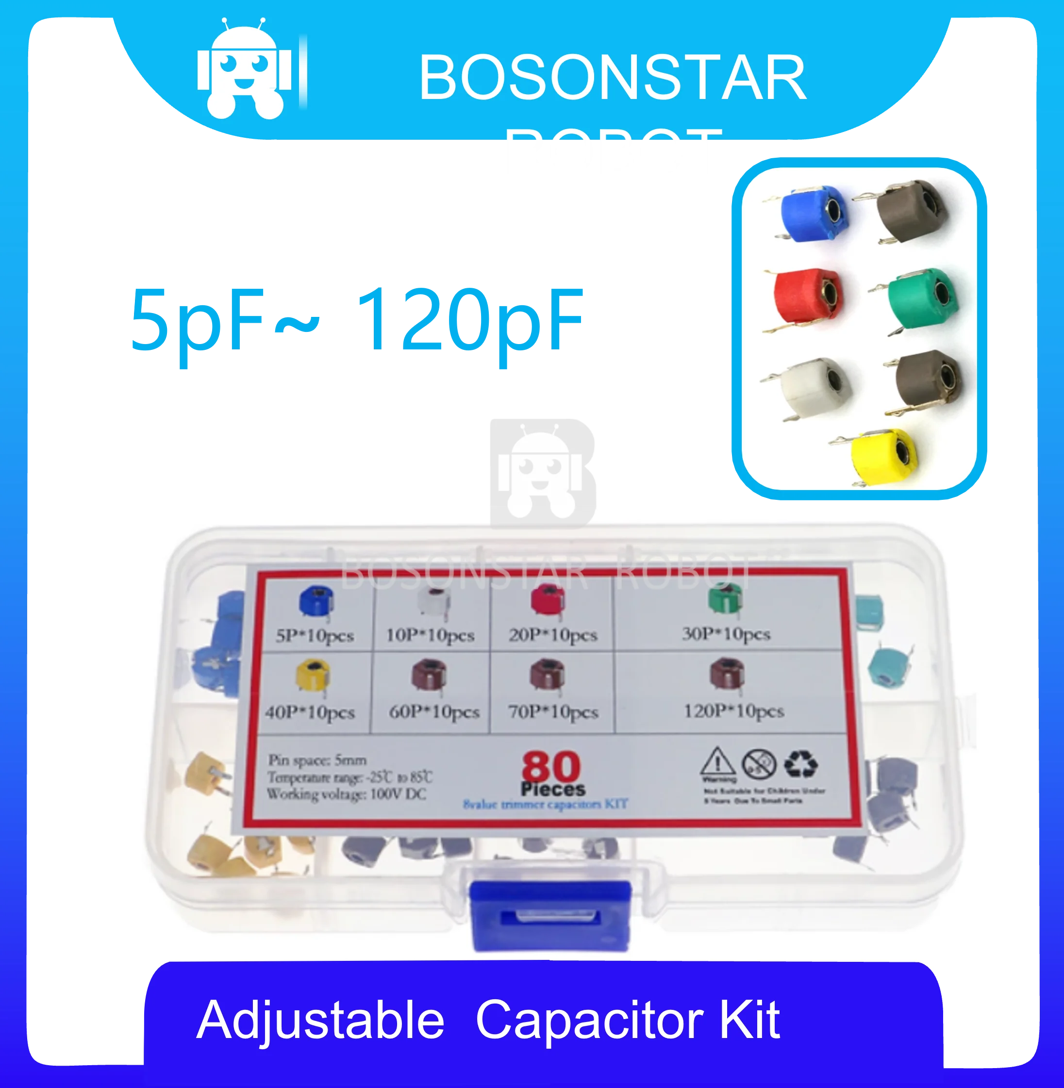 

80Pcs/Box Trimmer Adjustable Capacitor Assortment Kit 6mm 5/10/30/60/120P Adjustable Capacitor Variable Capacitors Kit
