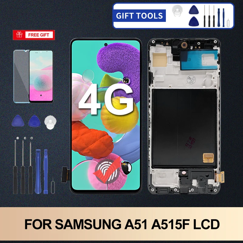 

1Pcs 6.5 Inch Super Amoled A51 4G Display For Samsung Galaxy A51 LCD Touch Panel Digitizer A515 A515F Screen Assembly With Frame