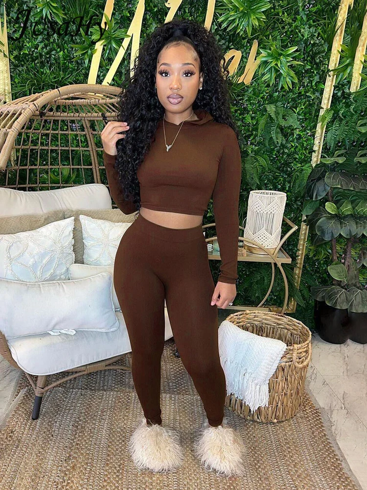 

JusaHy Women Autumn 2022 Y2K Black&Brown Simple Casual Sporty Outdoor Running&Yoga Fitness Two Pieces Sets Solid Hoodie&Leggings