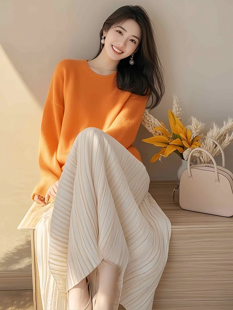 Оранжевый свободный вязаный мягкий клейкий свитер для женщин 2024 осень и зима