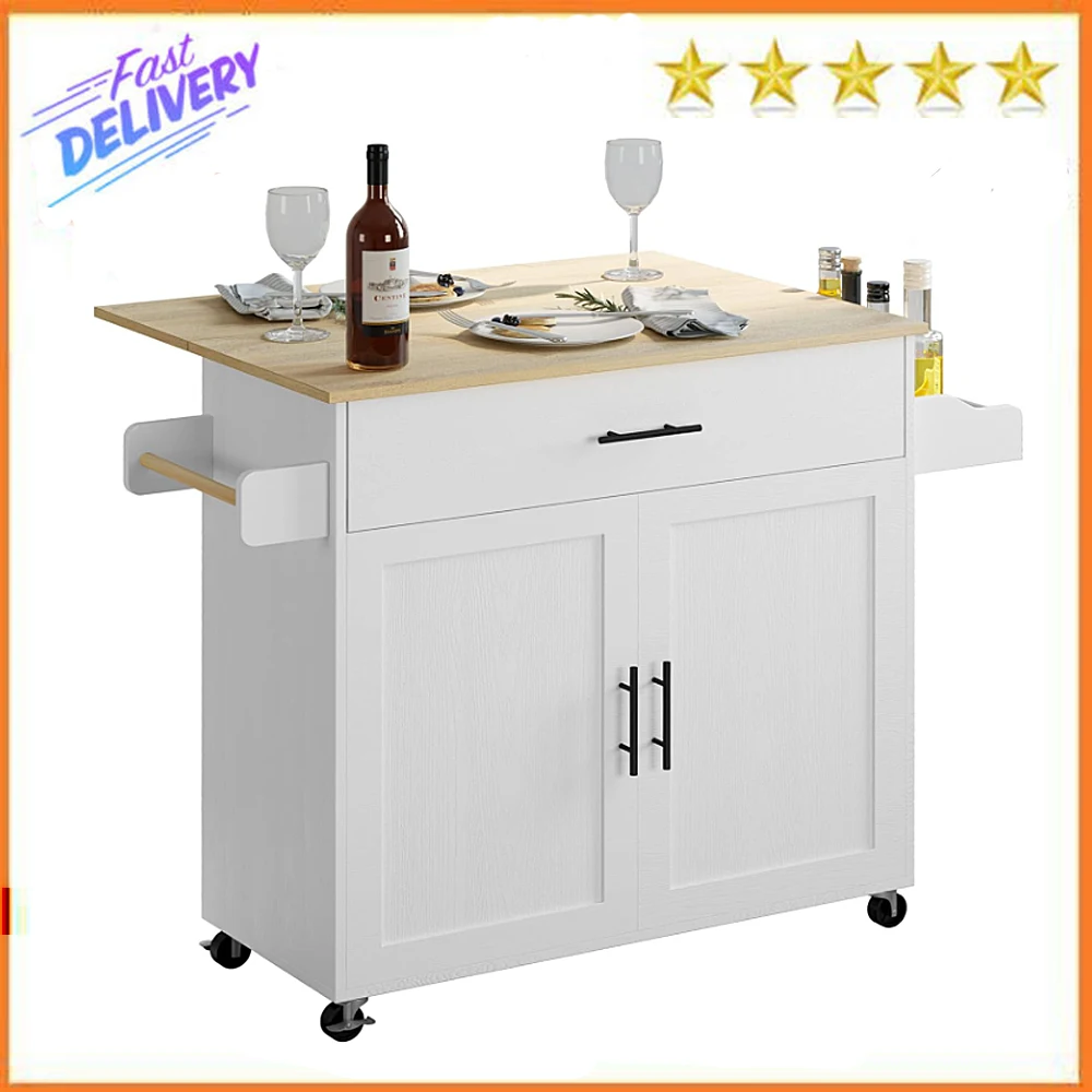 

IRONCK Rolling Kitchen Island Table on Wheels with Drop Leaf, Storage Cabinet, Drawer, Spice Rack, Towel Rack, Kitchen Cart