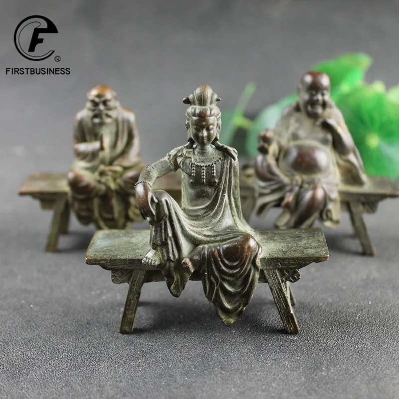 Antique Copper Bench Guanyin Bodhisattva Statue Desktop Ornament Buddha Figurines Lucky Feng Shui Home Decors Crafts Accessories