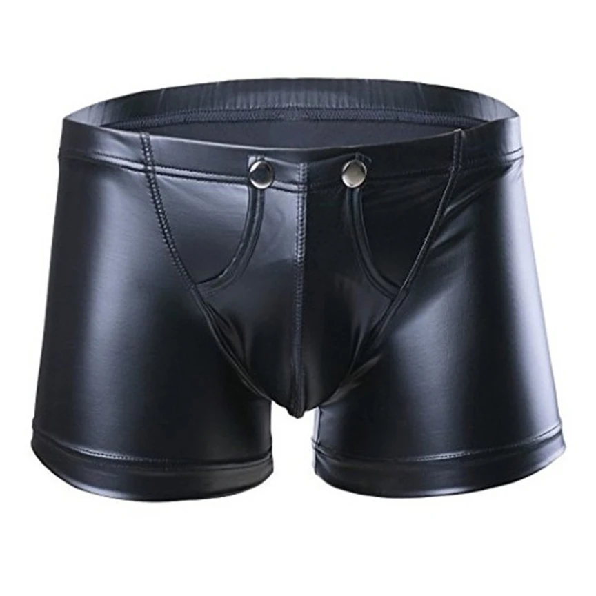

Male Sexy Underpants Faux Leather Boxers Fashion Shorts Gay Underwear Front Open Bulge Pouch Boxershorts Hot Pants Men Panties