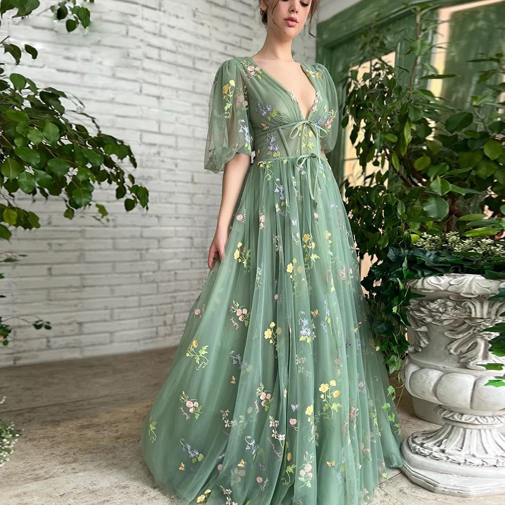 

Женское длинное платье с вышивкой, зеленое кружевное платье-трапеция из тюля с глубоким V-образным вырезом, рукавом до локтя, элегантное вечернее платье для свадебной вечеринки