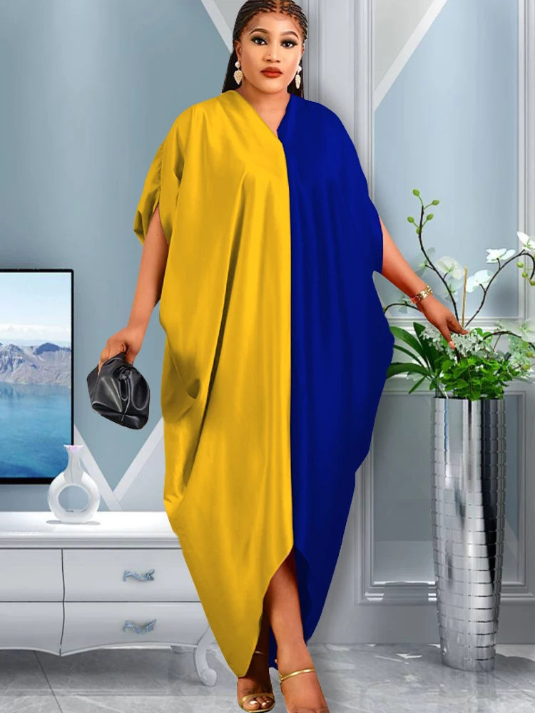 

New Muslim Dresses For Women 2022 Stitching Color African Maxi Robe V-neck Print Short Sleeve Novelty Dress Kanga Clothing Bouou
