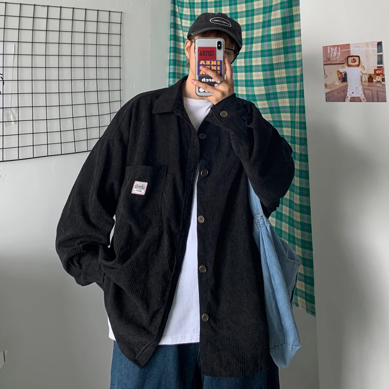

New Corduroy Men Shirts For Men Clothing Harajuku Black Shirt Korean Style Men Shirt Long Sleeve Vintage Clothes Streetwear 3XL