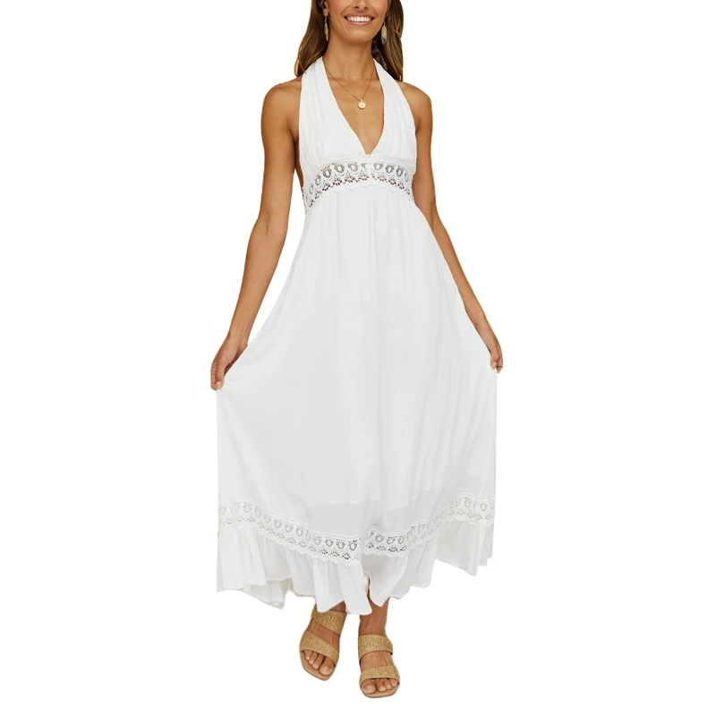 

Women's Deep V-Neck Long Dress Sleeveless Tie-Up Lace Stitching Club Party Dress Solid Color Backless OnePiece