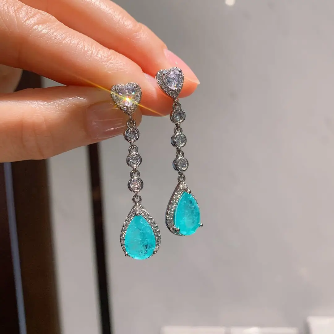 

New high quality fashion blue drop-shaped stone pendant earrings S925 white earrings suitable for couple gifts