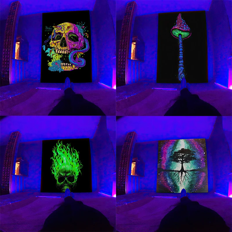 

Fluorescent tapestry UV reaction psychedelic skull mushroom wall hippie tapestry bedroom dormitory separate room decoration