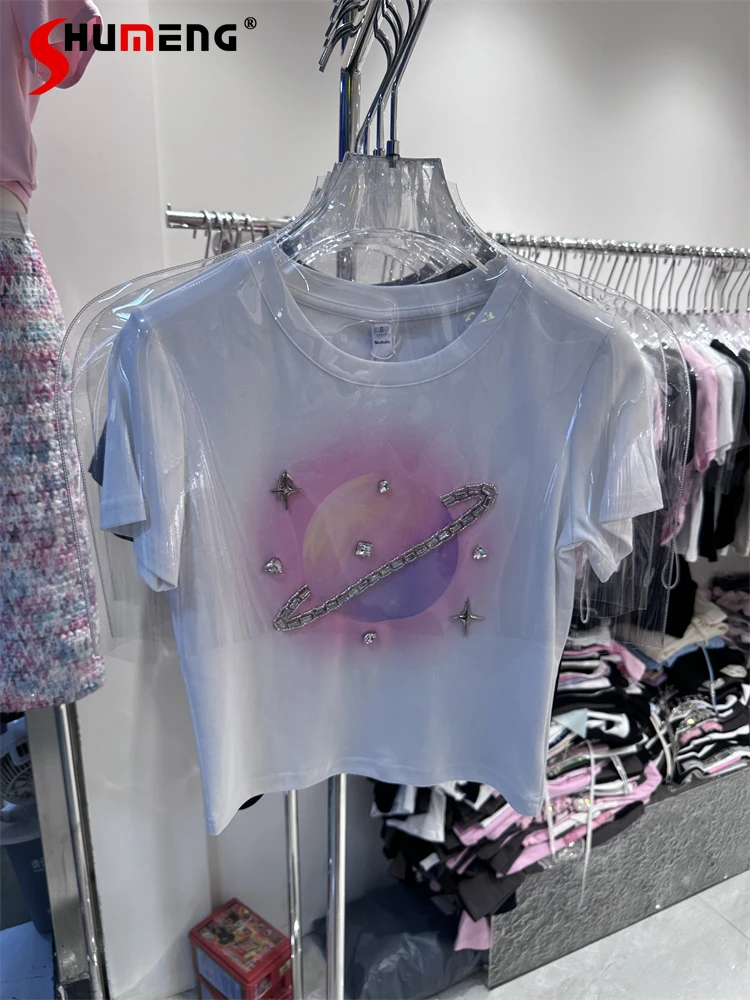 

Женская хлопковая одежда, футболка с коротким рукавом, модный дизайн, облегающий кроп-топ, Летняя короткая футболка с принтом планеты тяжелой промышленности
