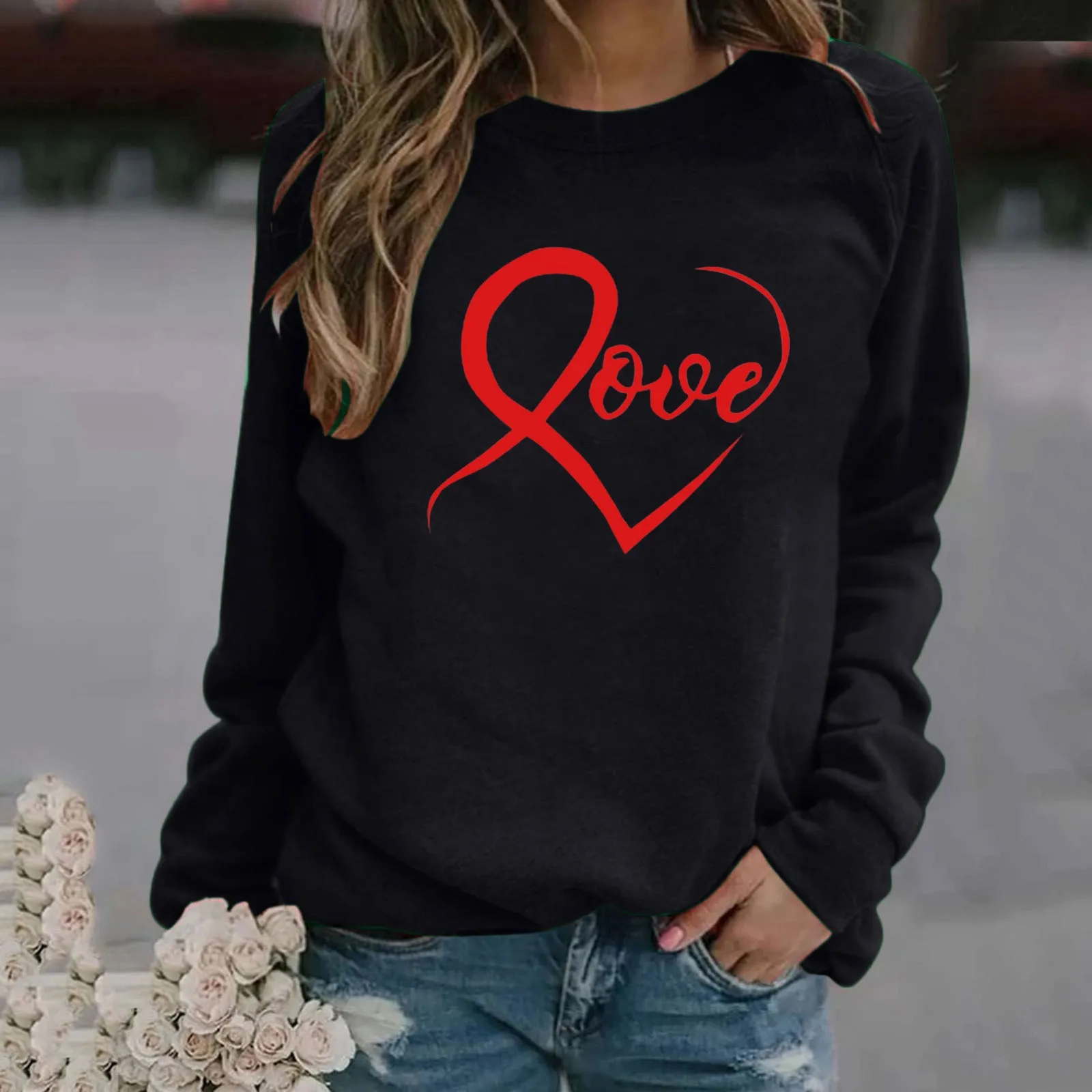 

Women Cute Top Shirt Love Print Shirt Sweatshirt Long Sleeve O Neck Shirt Pullover Casual Top White Long Sleeve Pack