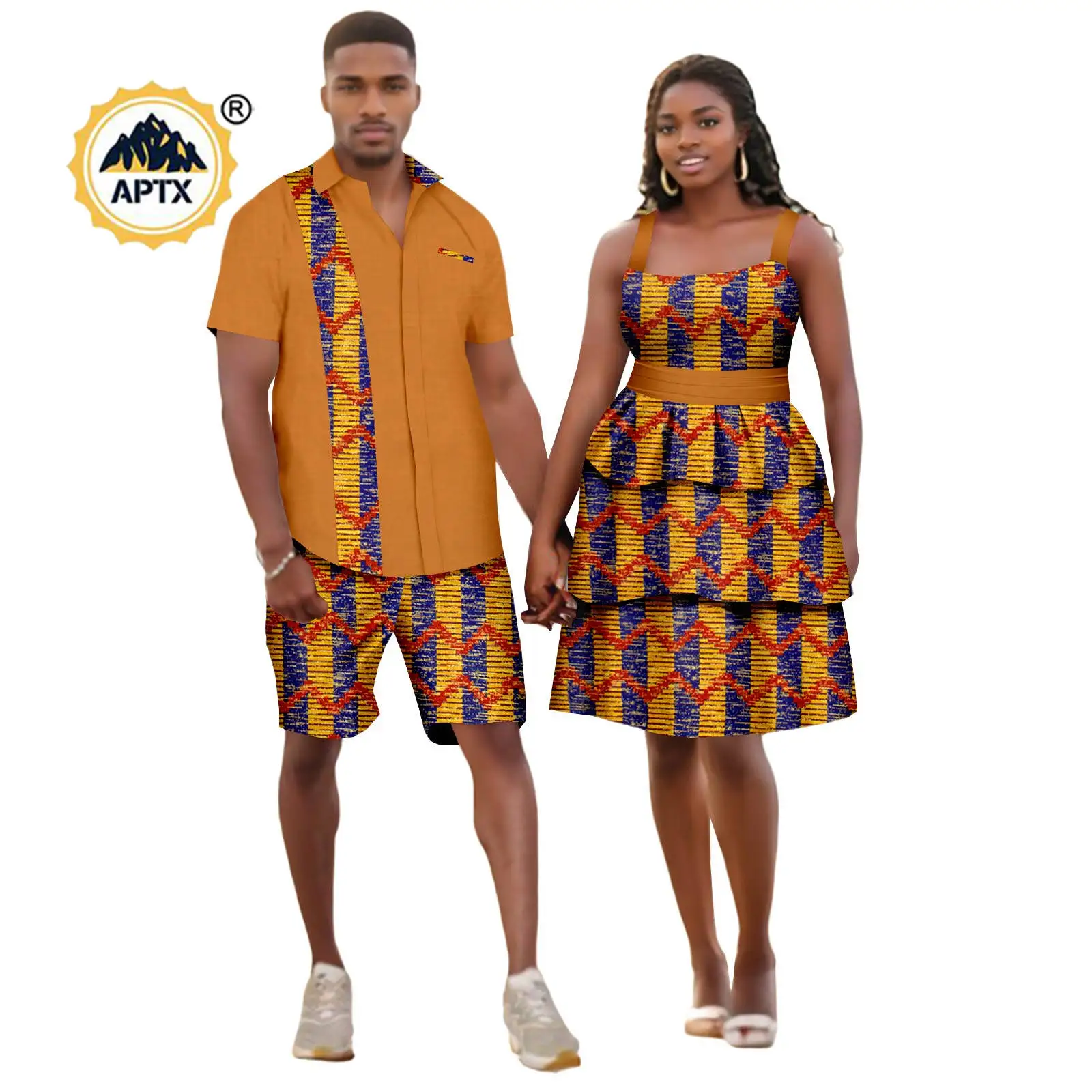 African Sexy Print Ruffles Dresses Matching Couple Outfits Bazin Dashiki Men Shirt Top and Pant Sets 24C071