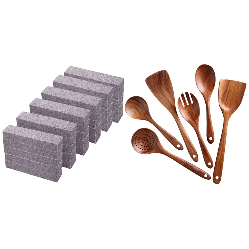 HOT-1 Set Pumice Stones Scouring Pad Pumice Stick Cleaner & 1 Set Teak Wood Spoon Spatula Cooking Spatula Set
