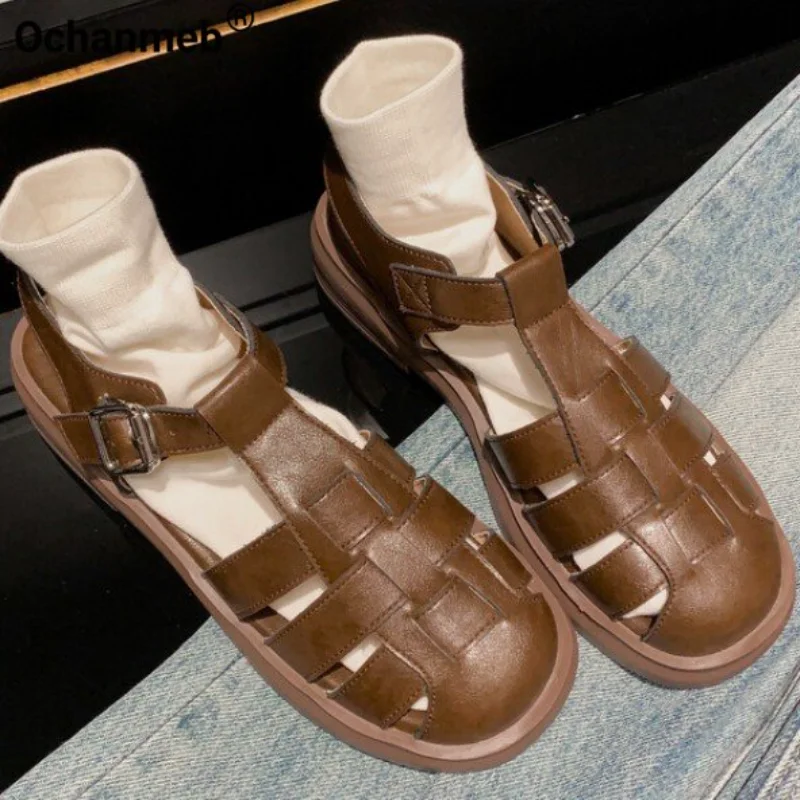 

Ochanmeb Women Genuine Leather Flat Sandals Buckle Strap Weave Gladiator Shoes Summer Casual Beach Woman Comfortable Walk Sandal