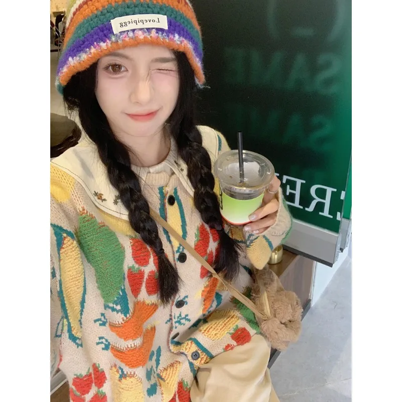 Плотный жаккардовый контрастный теплый свитер Mori кардиган Женская куртка осень