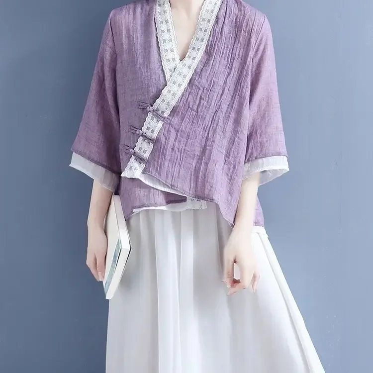 Свободная летняя женская футболка с v-образным вырезом и семиточечным рукавом