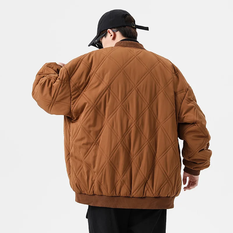 Autumn and winter diamond plaid warm cotton Jacket Men's fashion casual baseball collar cotton Jacket Trendy cotton clothes