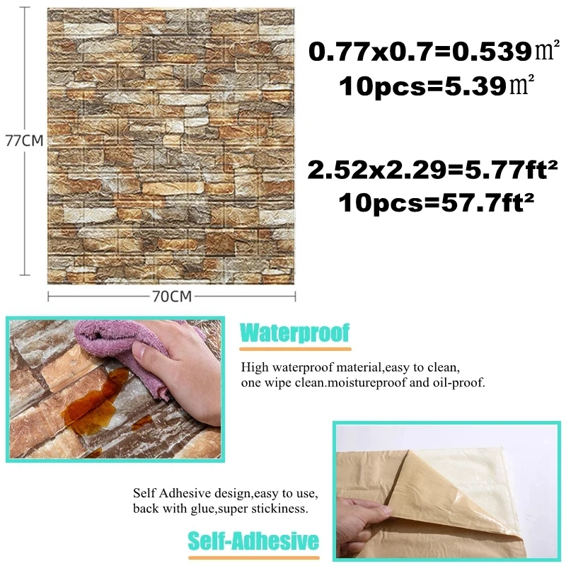 10Pcs Self-Adhesive Waterproof 3D Brick Wall Stickers Pattern Wallpaper Living Room TV Background Bedroom Home DIY Decor 70x77cm - купить по