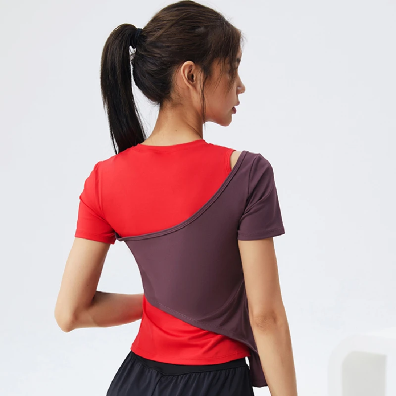 Women Running T Shirts Contrast color 2 in 1 Short Sleeves Quick Dry Sport Shirt Gym Fitness Training Tees Yoga Jogging Tops