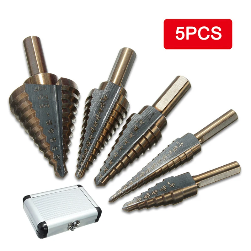 5pcs High Speed Steel Cobalt Drill Bit Inch Straight Groove Step Drill Wood Metal Drill Optional Aluminum Shell Packaging