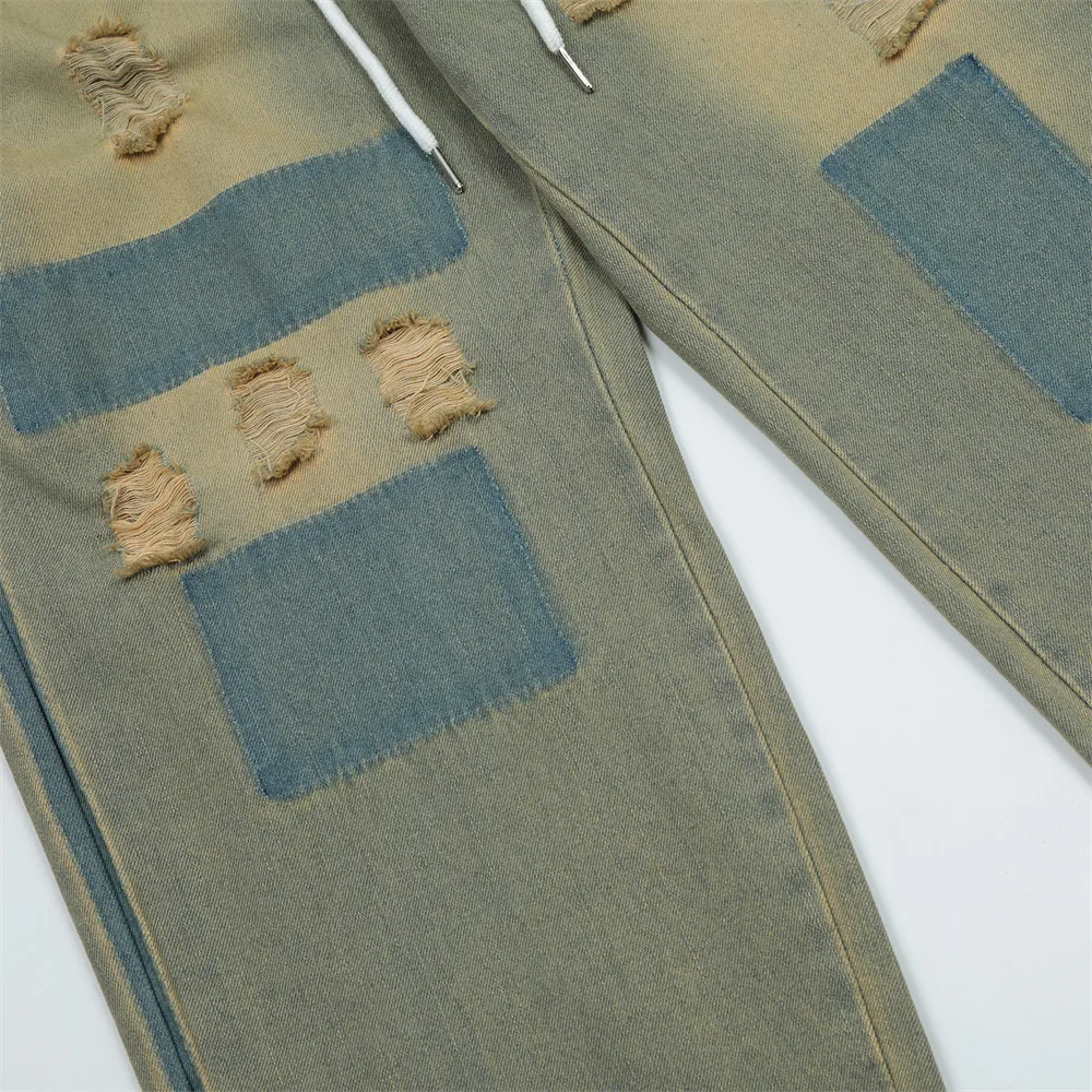 2023 Vintage Denim Pants Men Streetwear Retro Patchwork Ripped Hole   Denim Pant Jeans HipHip Casual Joggers Trousers Jeans