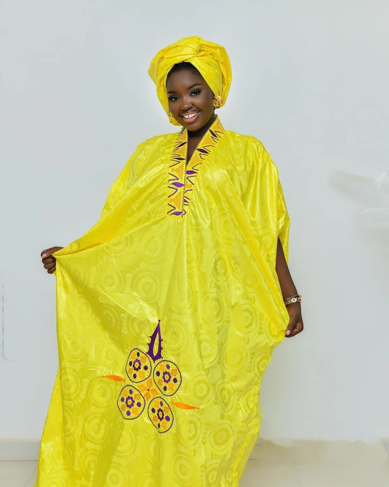 African Dress For Woman Bazin Riche Embroidery Design Floor Length With Scarf | Africa Clothing