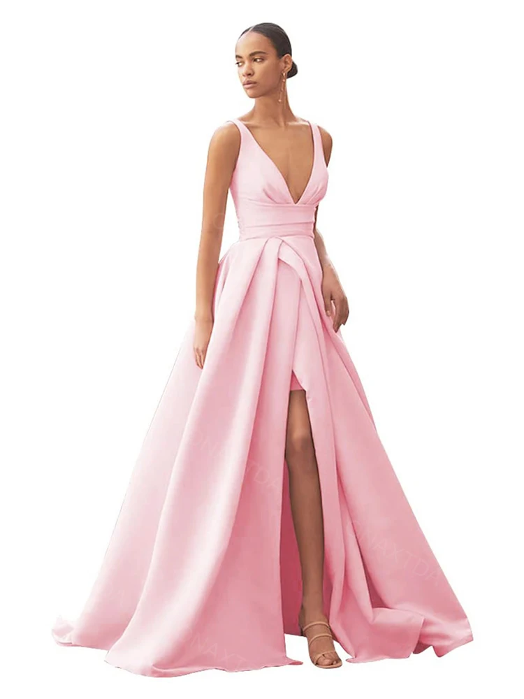 

Satin Long Prom Dress with Slit for Women A Line Formal Evening Party Gown for Women V Neck Ruched Cocktail Party Dress ON65
