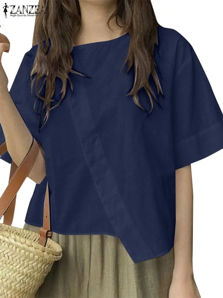 Zanzea Женская Блузка Оверсайз Асимметричная С Коротким Рукавом И Круглым Вырезом В