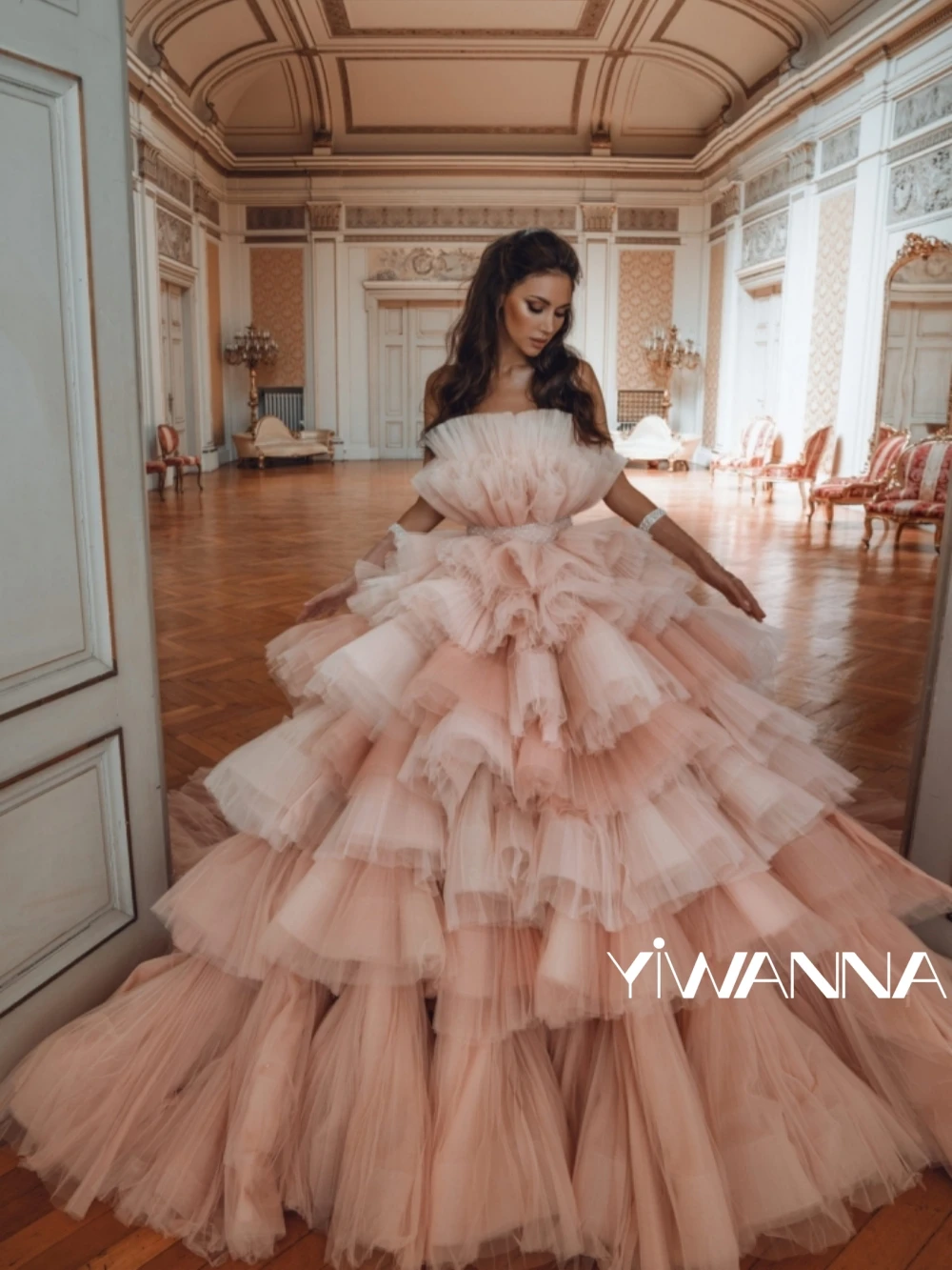 

Sexy Strapless Backless Cocktail Dress Pink Tulle Tiered Evening Gown Elegant Ball Gown Long Prom Dress For Formal Occasion