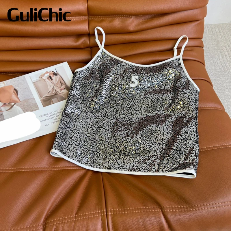 

7.18 GuliChic Women Luxury Temperament Sexy Embroidery Digital Sequins Spaghetti Strap Short Tank Top