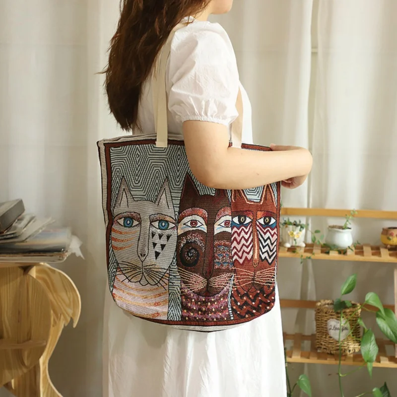 Shoulder Bags For Women Large Capacity Canvas Extra Thick Casual Vintage Cat Pattern Tote Bag zipper Shopping Handbags