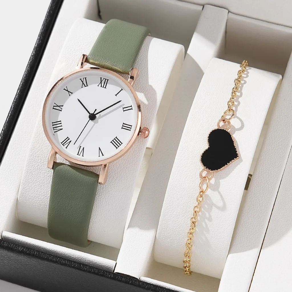2PCS Women Watch Luxury Elegant Alloy Watch PU Leather Strap Wristwatch For Ladies Quartz Watch Black Heart Bracelet NO BOX