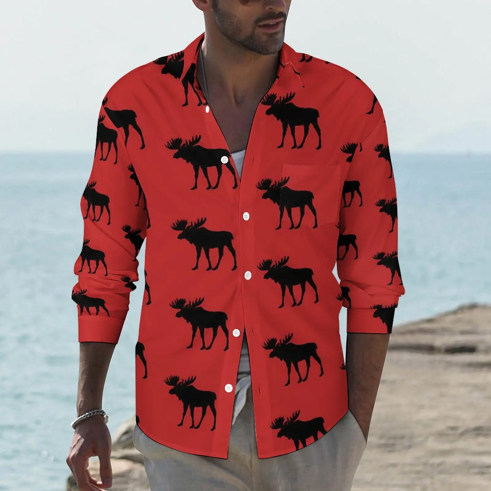 

Silhouette Antler Deer Shirt Animal Hunting Casual Shirts Long Sleeve Printed Street Blouses Spring Trendy Oversize Clothing