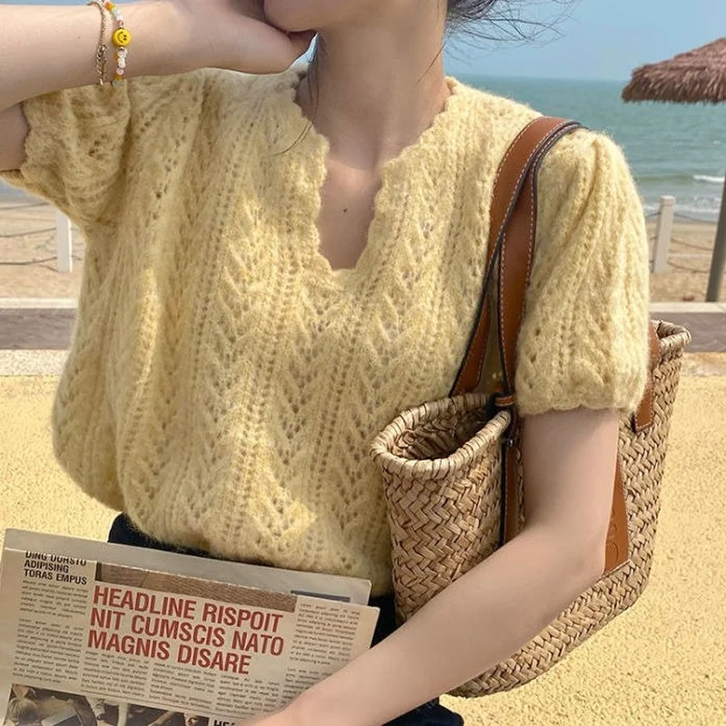 

Sweet Vintage Short Sleeve Knitwear Causal O-neck Korean Fashion Pullover Sweater Summer Thin Hollow Women Knitted Tops X283