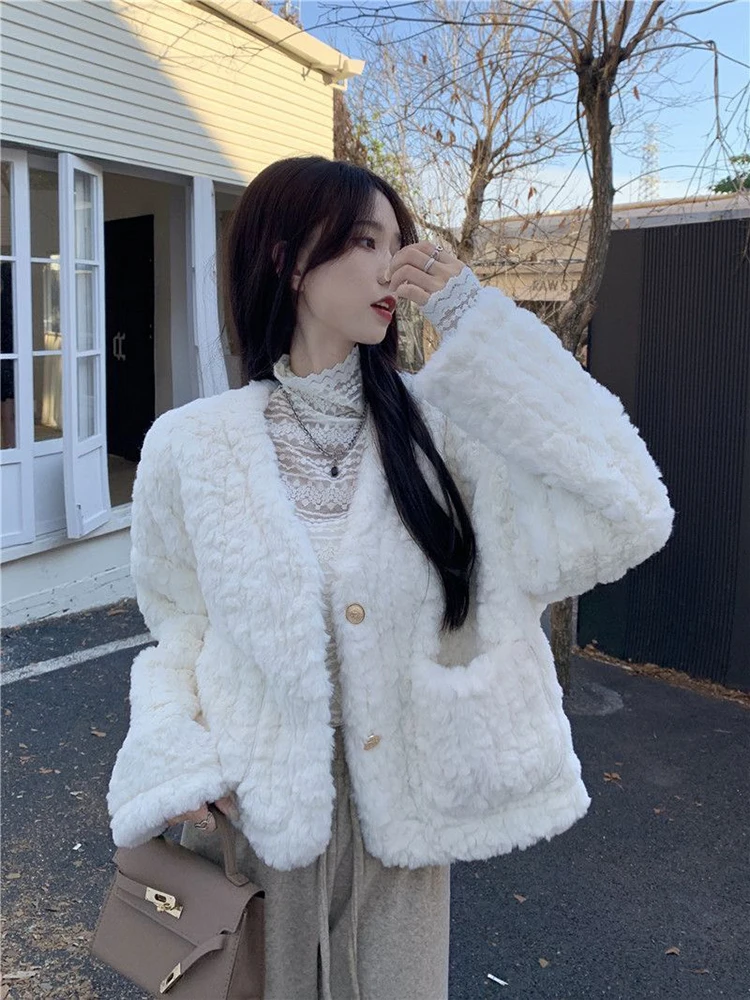 

Zoki элегантные пальто из искусственного меха ягненка женские зимние толстые милые корейские куртки модные теплые плюшевые повседневные пуговицы с длинным рукавом верхняя одежда