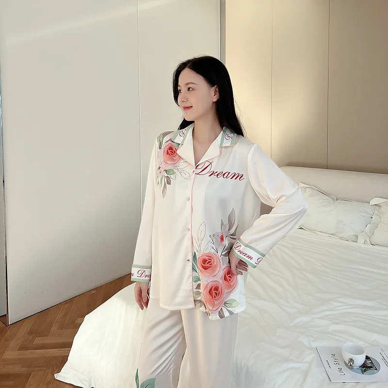 Ice Silk Pajamas Women's High-end Thin Section Can Be Worn Outside Silk Long-sleeved Large Size Home Clothes Spring and Autumn