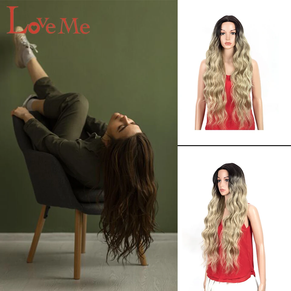 

Long Water Wavy Synthetic Wigs Natural 33Inch Black Blonde Red For Women Good Quailty Fiber Hairs Cosplay Party Lolita Fake Wigs