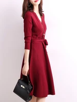 solid wine red knitted women dress sweater a line long sleeve sash autumn v neck elegant office ladies dress summer 2022