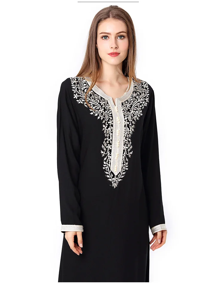 

Women's round Neck Long-Sleeved Maxi Dress, Muslim Embroidered Lace-up Dress